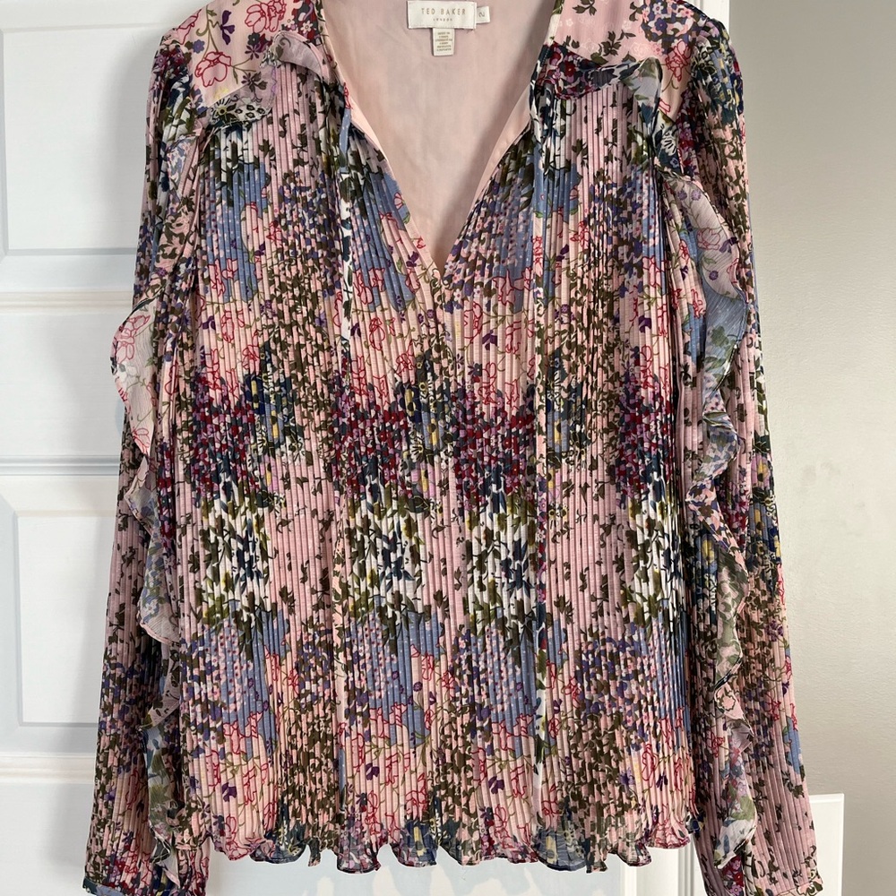 Ted Baker Pink Multi Floral Pleated V-Neck Blouse